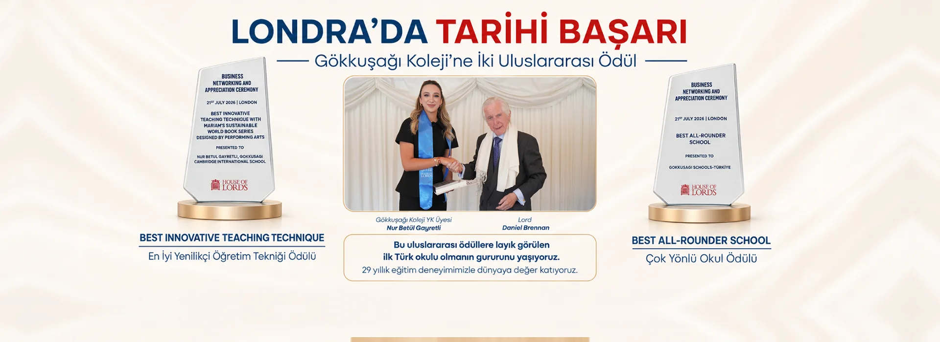 Londra'da tarihi başarı: Gökkuşağı Koleji'ne House of Lords'ta iki uluslararası ödül — Best Innovative Teaching Technique (En İyi Yenilikçi Öğretim Tekniği) ve Best All-Rounder School (Çok Yönlü Okul). Ödülleri Lord Daniel Brennan, Yönetim Kurulu Üyemiz Nur Betül Gayretli'ye takdim etti.
